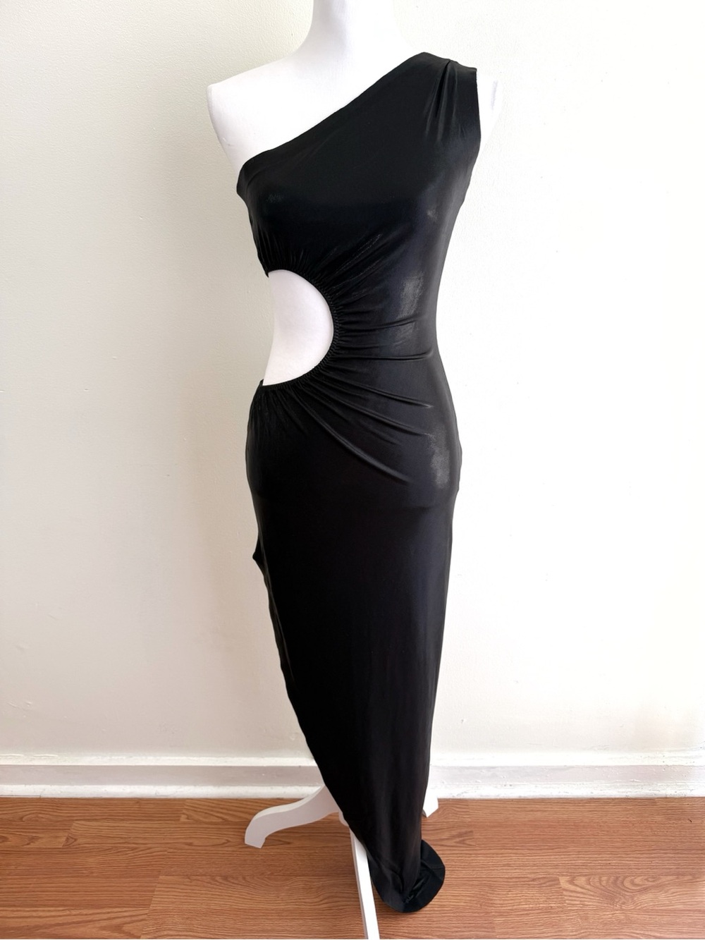 NORMA KAMALI SUNBURST black One shoulder side cut out open slit maxi dress